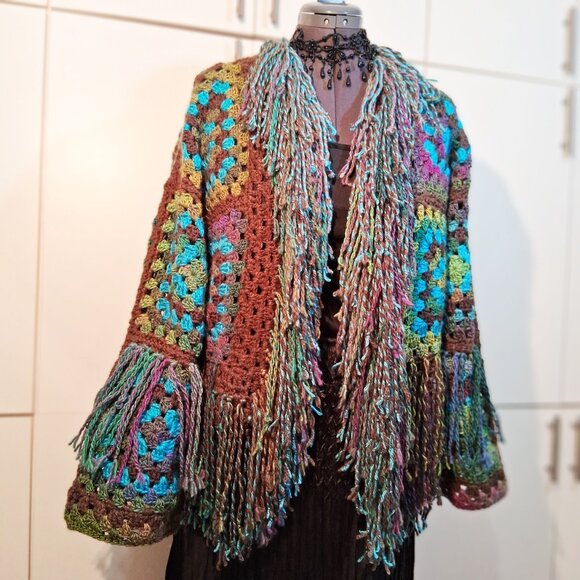 My Fairy Forrest Brown Green Turquoise Granny Square Super Fringe Sweater L/XL - Picture 10 of 16